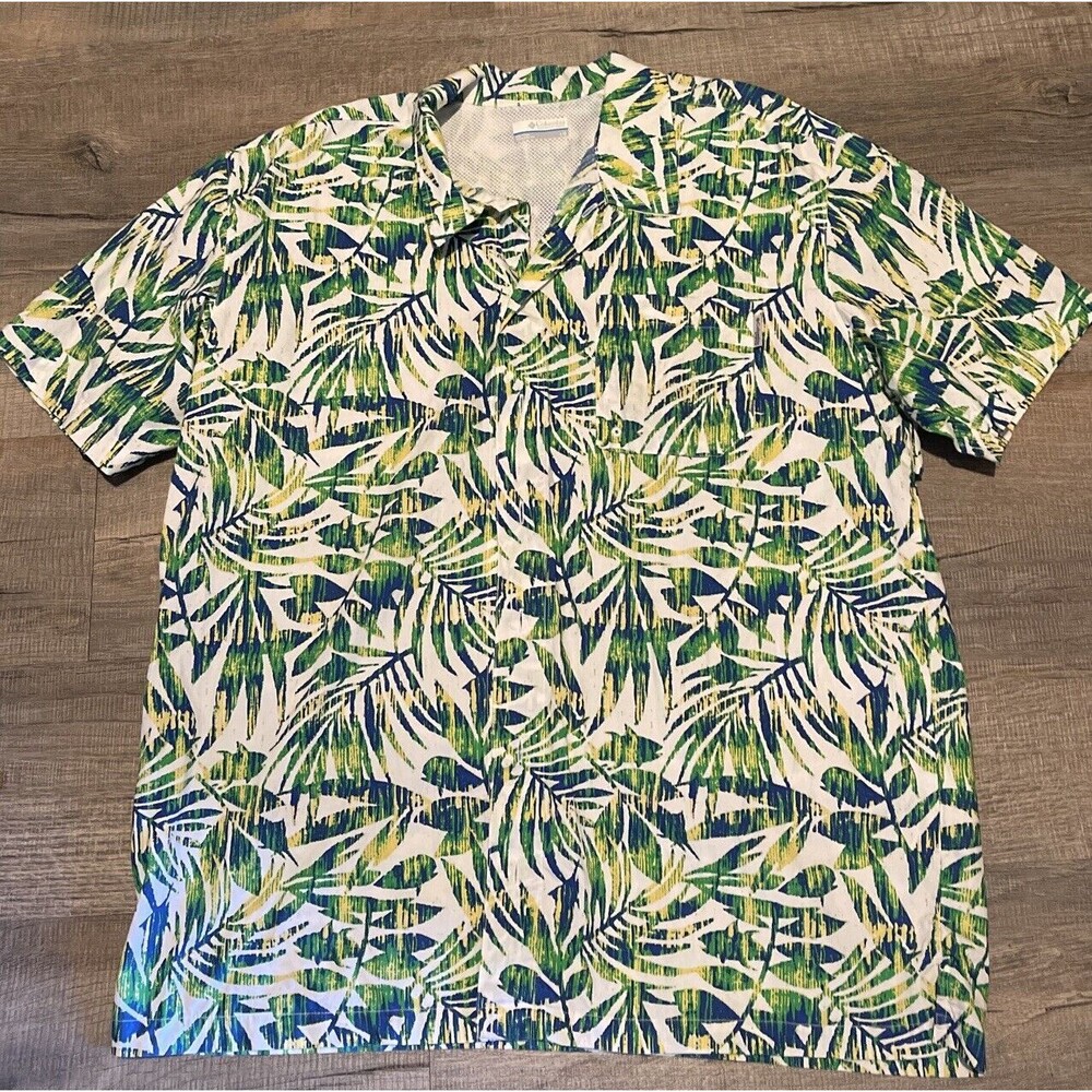 Columbia PFG Hawaiian Floral Leaves Fishing Shirt Green Blue Vented - LARGE